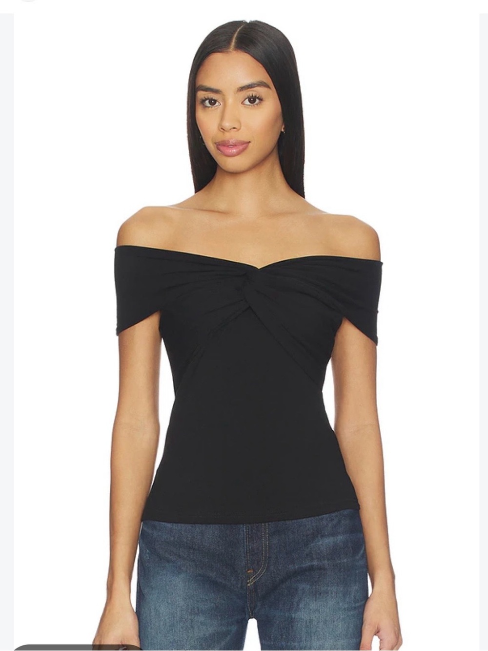Reformation Black Off-Shoulder Twist-Front Crop Top